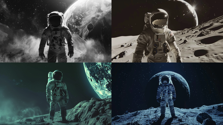an astronaut standing on the Moon, medium shot, --ar 16:9