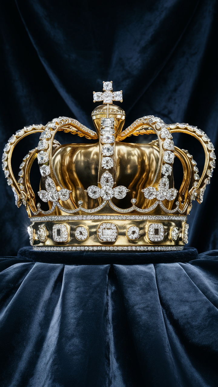 A stunning photograph of an opulent golden crown, dominating the scene on a dark, velvety surface. The crown is encrusted with dazzling diamond stones, creating a mesmerizing light show as they catch the light. The intricate engravings and the crown's imposing presence convey a sense of royalty, power, and luxury. This majestic crown captures the viewer's attention, evoking a feeling of awe and admiration for its craftsmanship and symbolism.