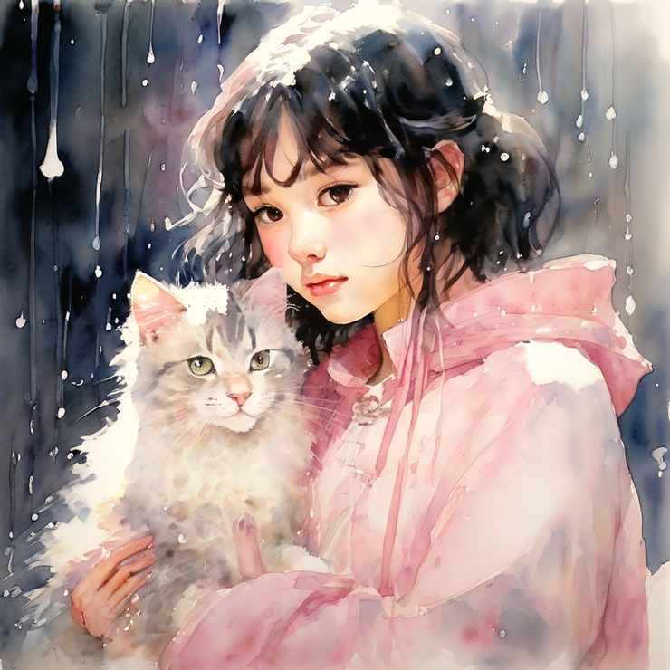 女孩臉上是帶著關切的淡粉色，貓咪身上的雨滴閃耀著透明的水晶光澤