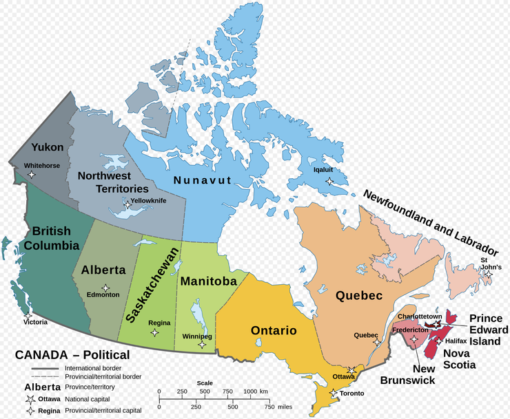 加拿大十個省份與三個領地，圖片取自維基百科