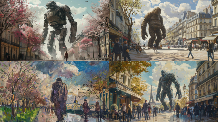 full-length portrait of a giant walking in Paris, springtime, delightful, --ar 16:9 