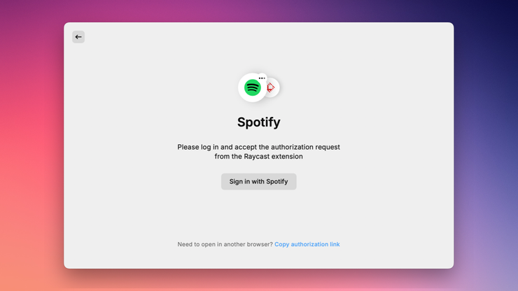 Spotify Player 會引導使用者登入 Spotify 以取得權限來控制 Spotify。