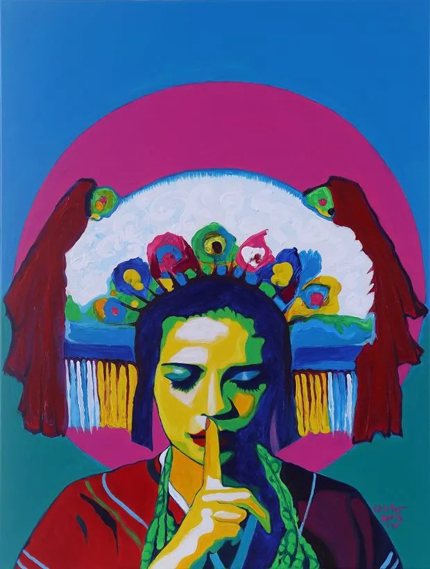 圖片取自天下雜誌網站。阿美族的藝術家，優席夫．卡照（Yosifu Kacaw）畫作《can't speak》，在國際中榮獲獎項，畫中一位頭戴阿美族鳳冠的女性，下垂的雙眼，手指比著「噤聲」姿勢，靈感來自原住民禁止說母音、被迫說華語的歷史。