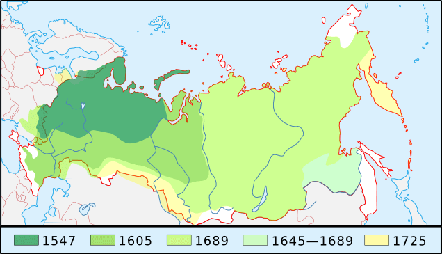 俄羅斯帝國擴張進程。圖片來源： Wiki Commons, "Growth of Russia 1547-1725 true borders.png"