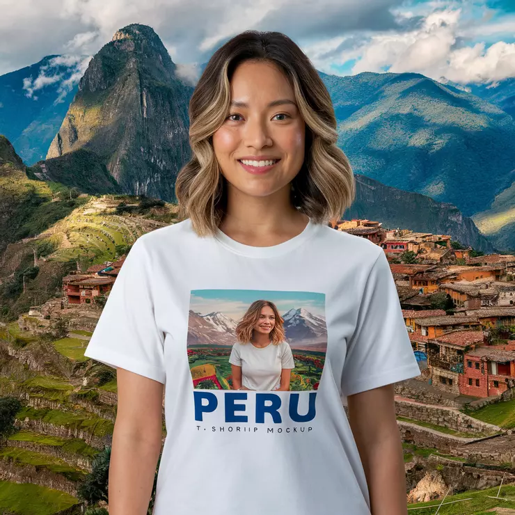 A stunning mockup image of a woman wearing a white t-shirt with a vibrant Peruvian landscape in the background. The t-shirt design is not visible, but the fabric appears high-quality and comfortable. The woman has shoulder-length wavy hair and a warm smile, showcasing the beauty of Peru with its majestic mountains, lush greenery, and colorful villages. The overall atmosphere of the image is serene and picturesque.