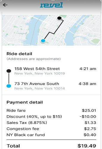 有次我們從布魯克林坐回54街上東區，約3.1英里的距離，車費約19.5美元 (同型車Uber普通車款是27美元)