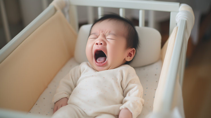 新生兒安靜地躺在舒適的嬰兒躺在舒適式的嬰兒床上，突然地哭了起來.