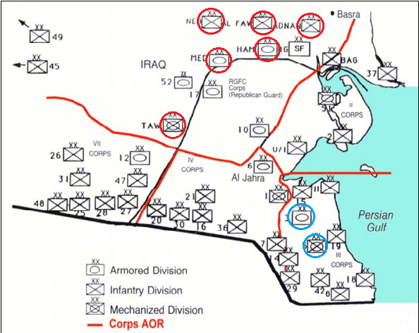 1991年2月21日時伊拉克部隊在科威特與周邊的佈署狀態，可以看出共和衛隊(紅圈)全都不在科威特境內，這主要是因為海珊一直否定聯軍地面戰實力。