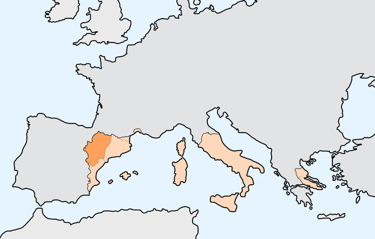 亞拉岡王國疆域圖。涵蓋今西班牙東部、義大利南部及部分希臘