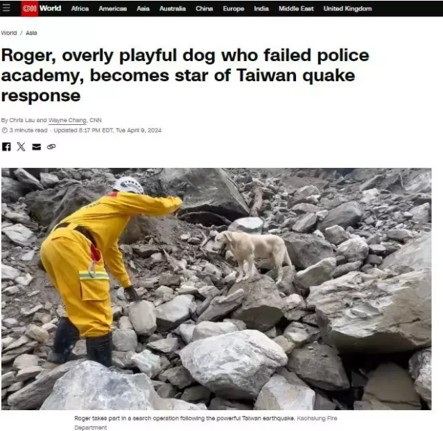 美國有線電視新聞網（CNN）都來報導搜救犬Roger，標題為「警校不及格的頑皮狗狗Roger，成為台灣救災明星」。