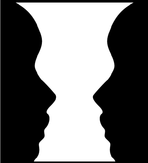 The “Rubin’s Vase” Illusion. One can cognitively influence perception of this sensory stimulus to interpret it as either two dark facial silhouettes or a white vase. 