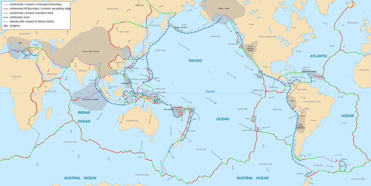 世界各板塊邊界詳略圖，由 Eric Gaba (Sting - fr:Sting) - Background map: NGDC World Coast Line dataData: Prof. Peter Bird&#039;s map, CC BY-SA 2.5, https://commons.wikimedia.org/w/index.php?curid=1307879提供