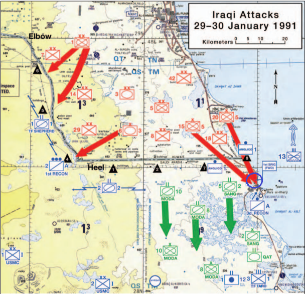 伊拉克進攻態勢圖，可以看出幾乎是在整條科威特-沙烏地邊境上進行。藍圈處是第1海上監視、偵察和情報大隊與邊境ANGLICO指揮部所在的海水淡化廠。