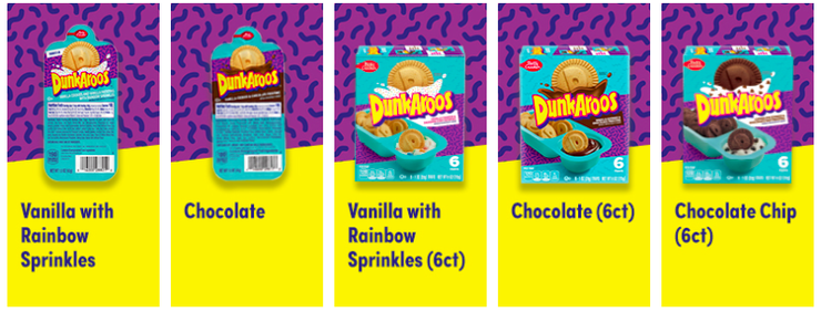 目前市面上的Dunkaroos 依照不同包裝以及口味有五種選擇。