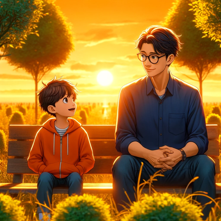 小旭和他的爸爸小莊在公園長椅上的溫馨時刻。你可以看到他們在夕陽的金光下共享美好的時光，感受他們之間的親密關係。