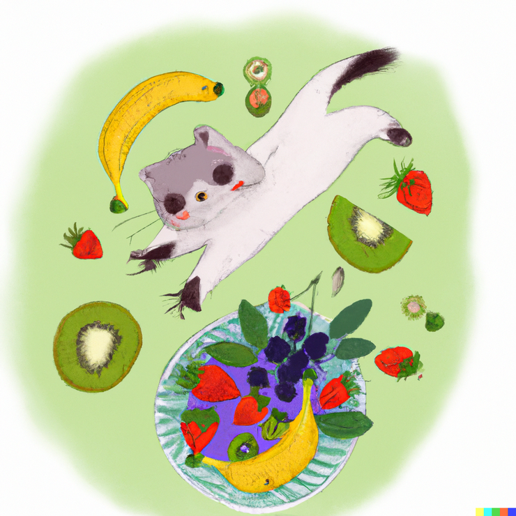 輸入 "summer plate, berries, kiwi, banana, happy cat flying"提示詞，DALL-E-2生成的作品
