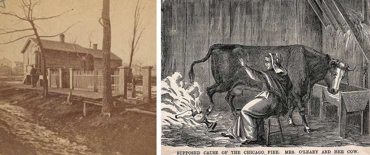 事發前的德科文街137號奧萊利宅（左），描繪奧萊利夫人與她的牛弄翻油燈的畫（右）。