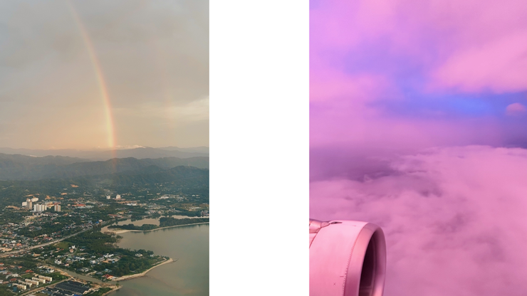 從機上俯瞰亞庇市區，有幸目睹雨後橫越天際的彩虹與夢幻的粉紅泡泡雲