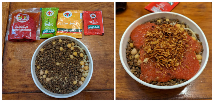 外帶的koshary會附上番茄紅醬、蒜頭高湯、炸洋蔥酥及辣油(由左至右)