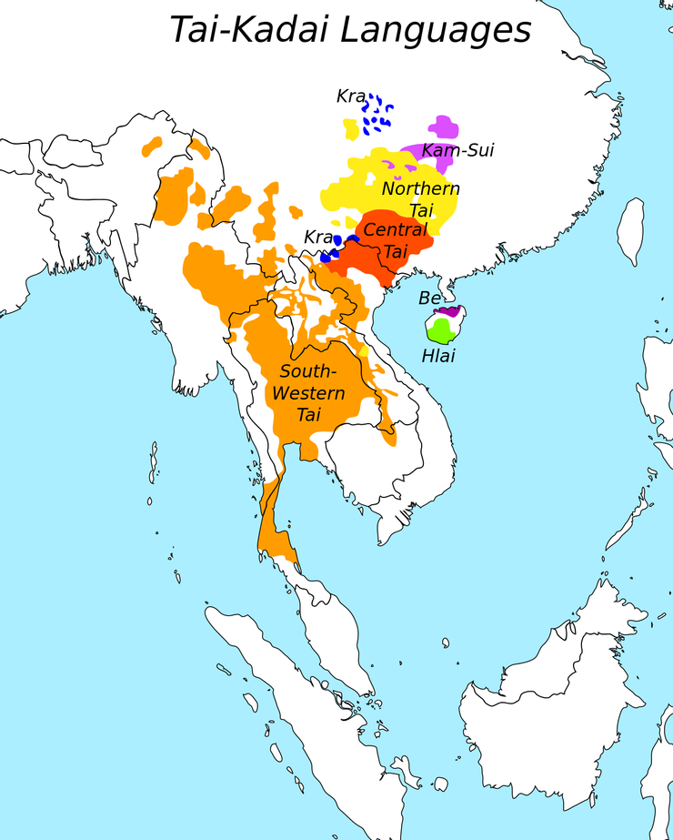 仡泰語系分布圖。橘色為泰語