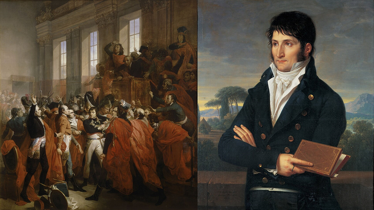 （左）由佛朗索瓦布舒所描繪的霧月政變，畫中央者為拿破崙；（右）呂西安波拿巴，拿破崙的弟弟，電影中由馬修尼德姆所飾演
