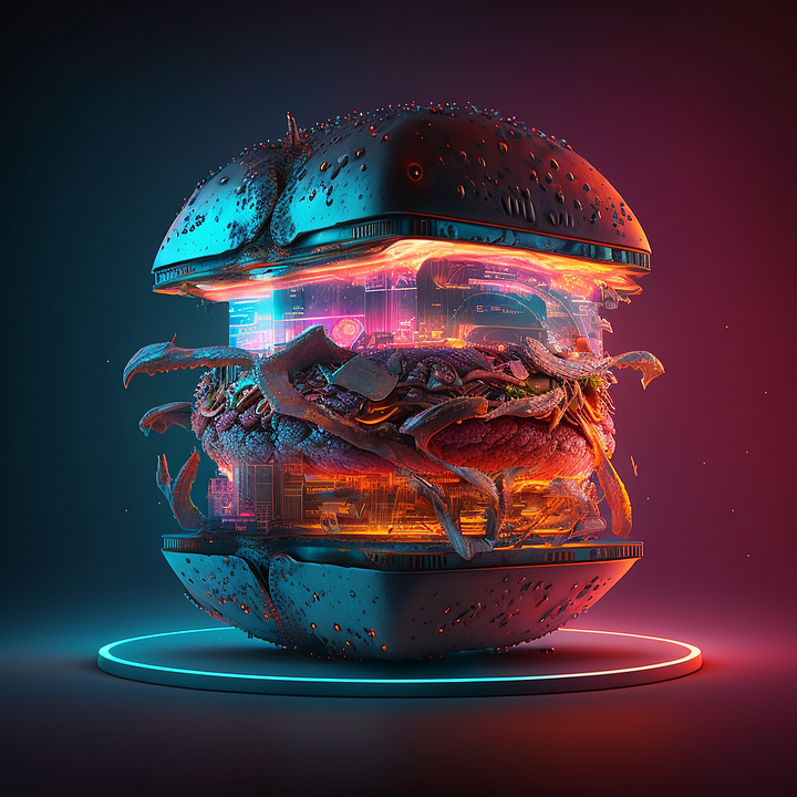 "a cyberpunk hamburger"（賽博龐克漢堡）由 Leonardo AI 生成