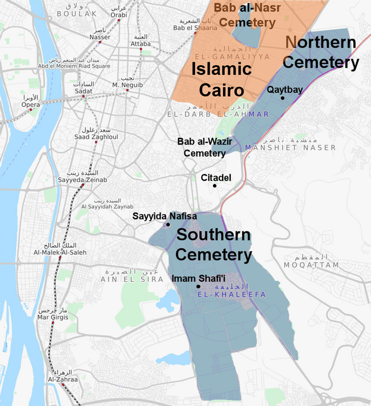 開羅墓園南、北區，西側緊鄰伊斯蘭老城區