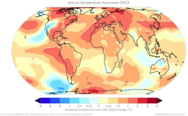 2023年(至10月)近地表均溫與1991~2020平均差異