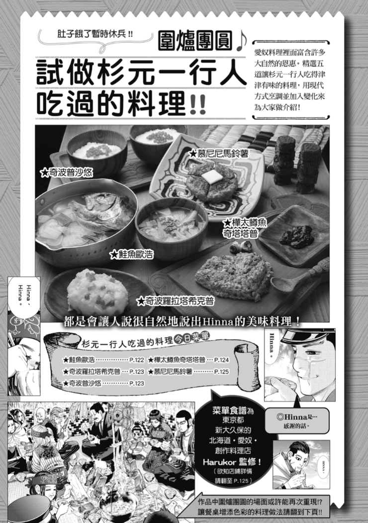 黃金神威FANBOOK中請居酒屋Harukor主廚烹調漫畫中出現過的料理，並大方公開食譜