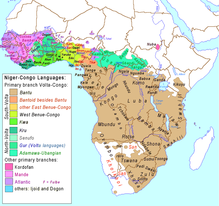 尼日 - 剛果語系分布圖。史瓦希里語分布於東非沿岸地帶