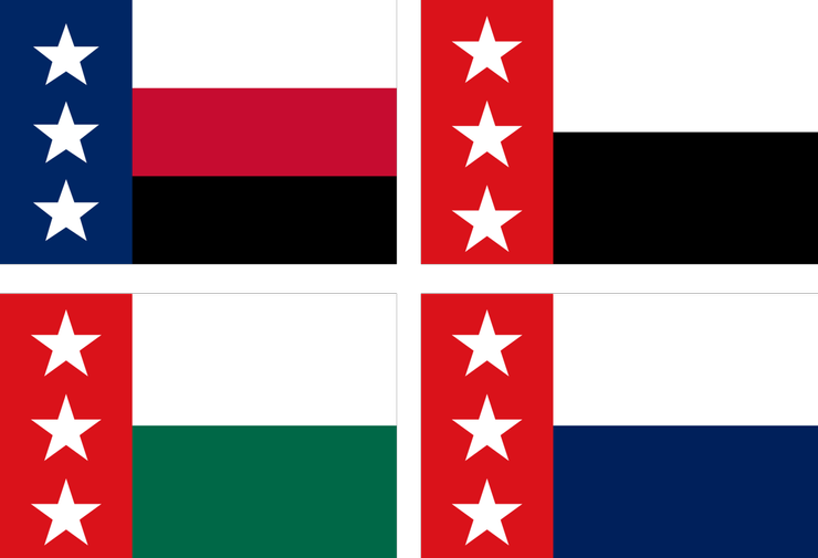 里奧格蘭德共和國國旗的四種版本，左上為正式版，右上的版本也很常見；三枚白星象徵著科阿維拉、塔毛利帕斯、新萊昂三州，設計概念與德克薩斯孤星旗有關。