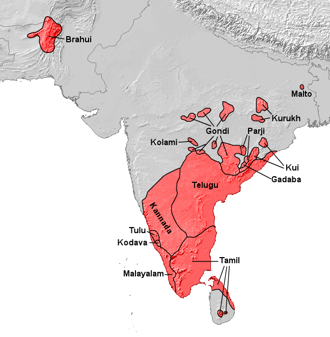 達羅毘荼語系分布圖。泰米爾語分布於印度東南部及斯里蘭卡北、東部及中央地區