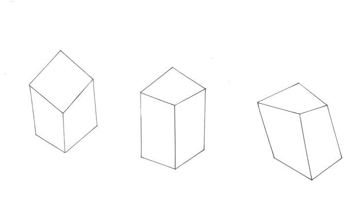 這是初學者在畫立方體外型常常出現的形狀，通常畫完自己眼睛看過去就會覺得怪怪的了，這三張都可以直接用上面的三點透視檢查線條角度，而且除了最左邊那個以外，其他都把立方體畫的太長了，變成「長方體」了。