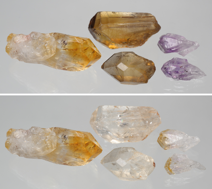▲煙水晶（中央）與紫水晶（右邊）加熱至380°C時的比較。來源於Mindat。