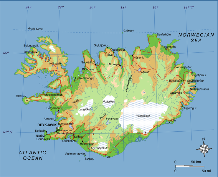 冰島地圖，。白色：冰原，綠色：低地，藍色：湖或河，餘為山脈、高原及台地。▲：山峰，最高峰為位於東南端Vatnajokull 冰原下緣的Hvannadalshnukur，高2,110公尺。地圖來源：Max Naylor,  Wikimedia。