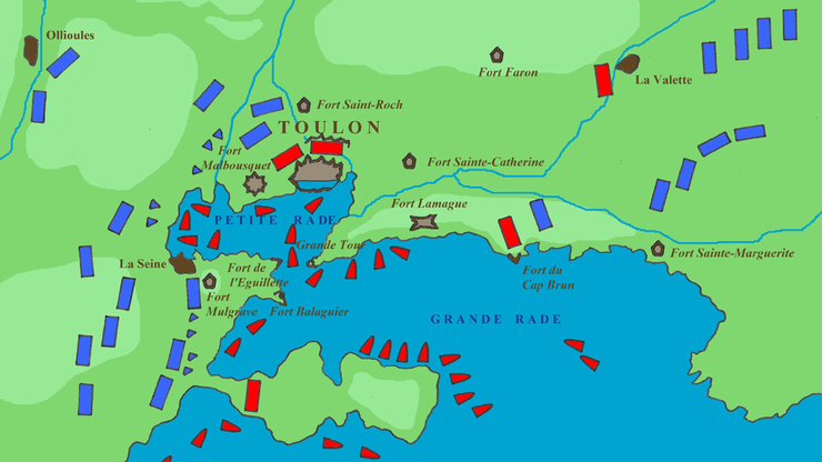 法軍（藍色）圍攻土倫港的情勢圖，