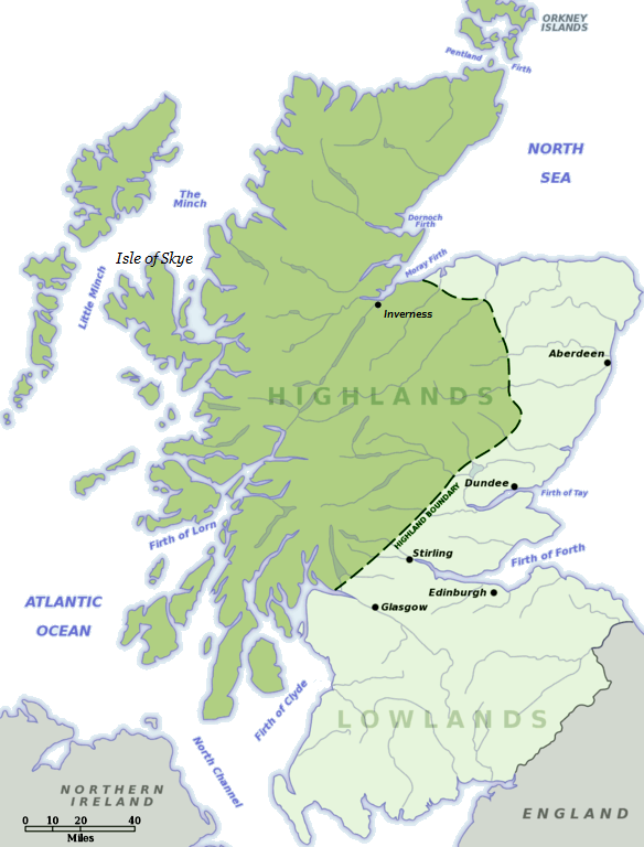 蘇格蘭高地範圍（深綠色）