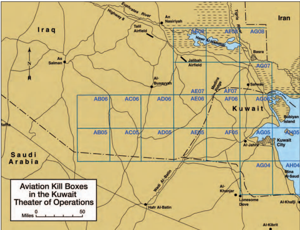 為了便於定位和管理戰區空域航空資源運作，聯軍以網格的方式劃分了多個被稱為殺戮箱的區塊，每個殺戮箱邊長30英里，抵達戰區後沒有被分配或無法指定打擊對象的軍機通常就會被派往鄰近殺戮箱自由狩獵可疑目標。根據統計伊拉克駐科威特部隊(KTO)主要集結的AG 4、AG 5和AH 4殺戮箱，在29號全天合計只有35架次的攻擊機和戰鬥機進行了打擊，相較之下伊拉克共和衛隊主力所在的AE 6和AF 7則分別有127和215架次。