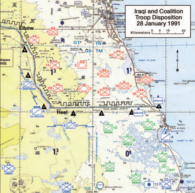戰前科威特與沙烏地邊境佈署態勢,綠色是沙烏地軍、藍色是美軍,紅色是伊拉克軍,倒三角形則是邊境哨站,這些哨站的編號是根據進駐順序決定的。