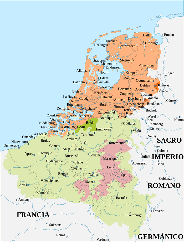 The Low Countries in 1621–1628。黃色：Dutch Republic；橙色：Dutch conquests ；綠色：Spanish Netherlands ；深綠：Spanish conquests；粉色： Prince-Bishopric of Liège