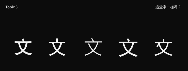 「文」由左至右的字體分別為：Adobe 標準黑體、微軟新歌德體、微軟正黑體、微軟雅黑體、韓文黑體。