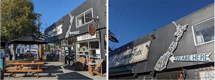 左圖：咖啡廳外觀；右圖：夾腳拖做成的紐西蘭地圖