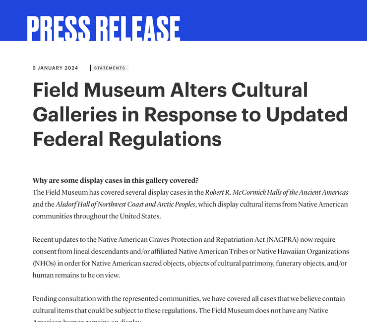 菲爾德自然史博物館在官網上表示館內將有部分展櫃會暫時遮蔽，以符合新規定，圖片來源：Field Museum