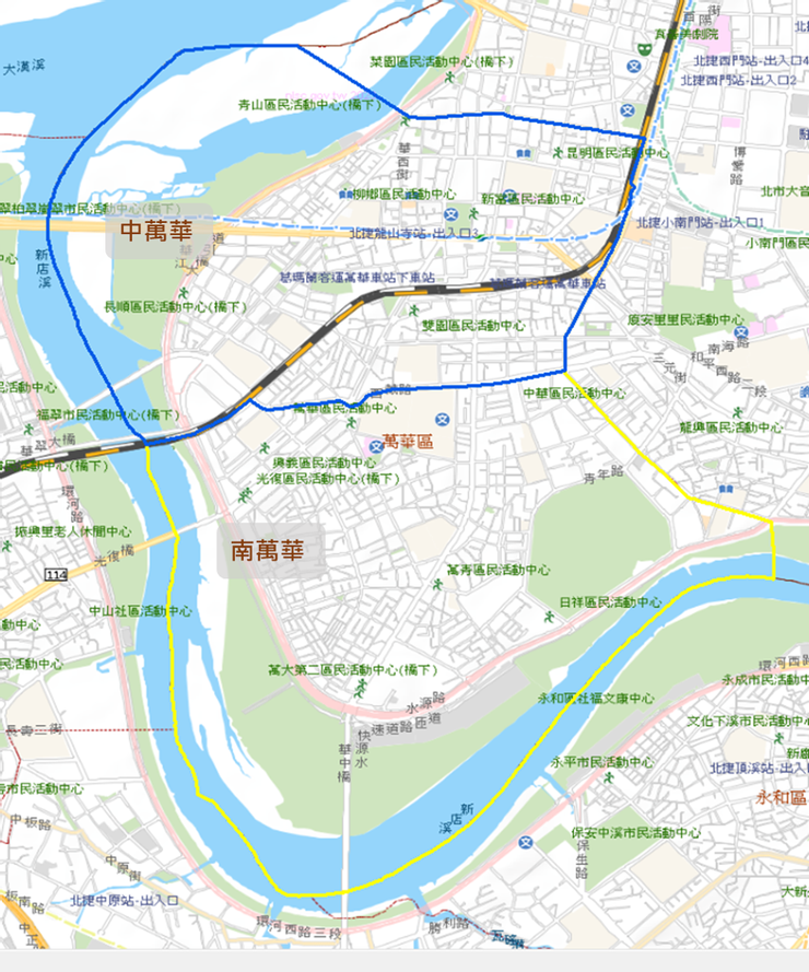 圖2－中、南萬華行政區界(套用臺灣通用電子地圖)