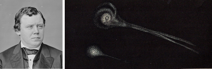 美國政治人物兼作家伊格納修斯．唐納利（左）與1846年天文學家繪製的比拉彗星，當時已一分為二。