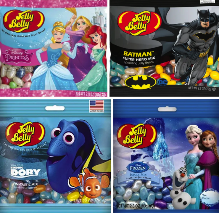 各式Disney包裝與配色的Jelly Belly Disney Princess系列（左上）、蝙蝠俠系列（右上）、Finding Dory系列（左下）、冰雪奇緣系列（右下）圖/取自網路