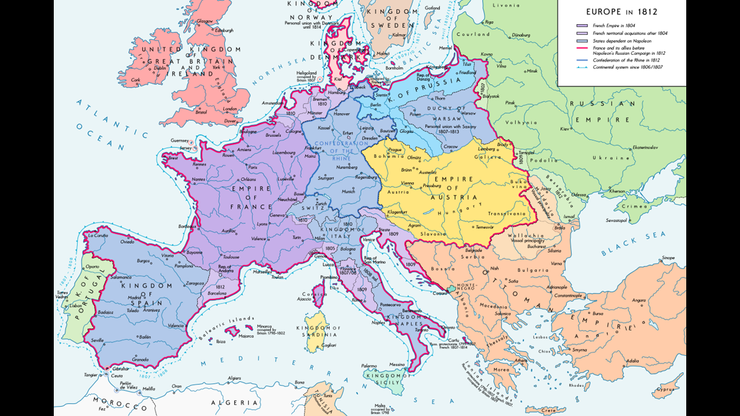 拿破崙稱帝後的法蘭西第一帝國，於1812年的勢力版圖；紅線範圍為當時法國建立對抗英國的大陸封鎖（或稱大陸系統 Continental System）