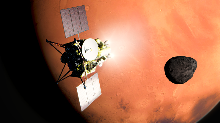 MMX探測器計畫採取火衛一上的土壤，解答兩顆火星衛星從何而來。圖片來源：JAXA。