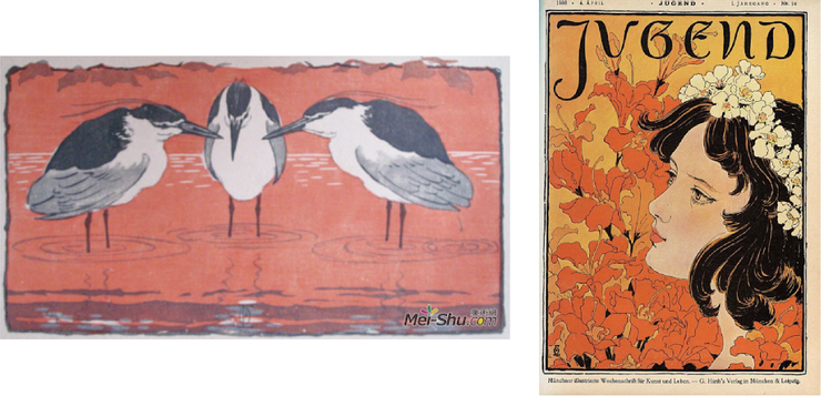 圖4 (左) 《夜鷺》、圖5 (右)《Jugend週刊第14期封面》，1896 ，奧托‧艾克曼