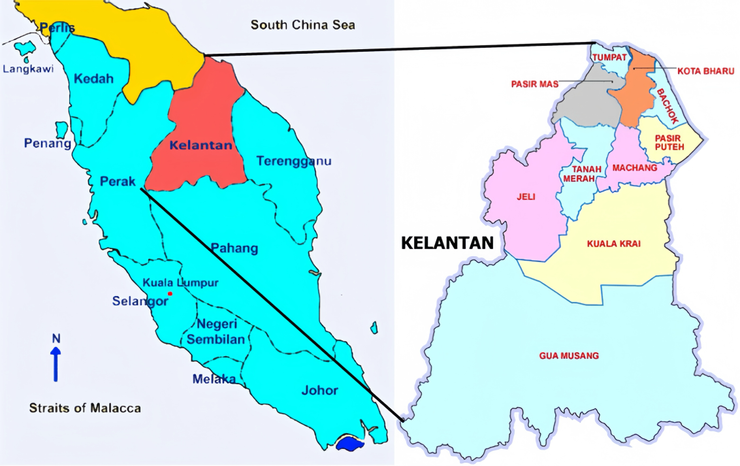 馬來西亞地圖上的吉蘭丹州（Kelantan）